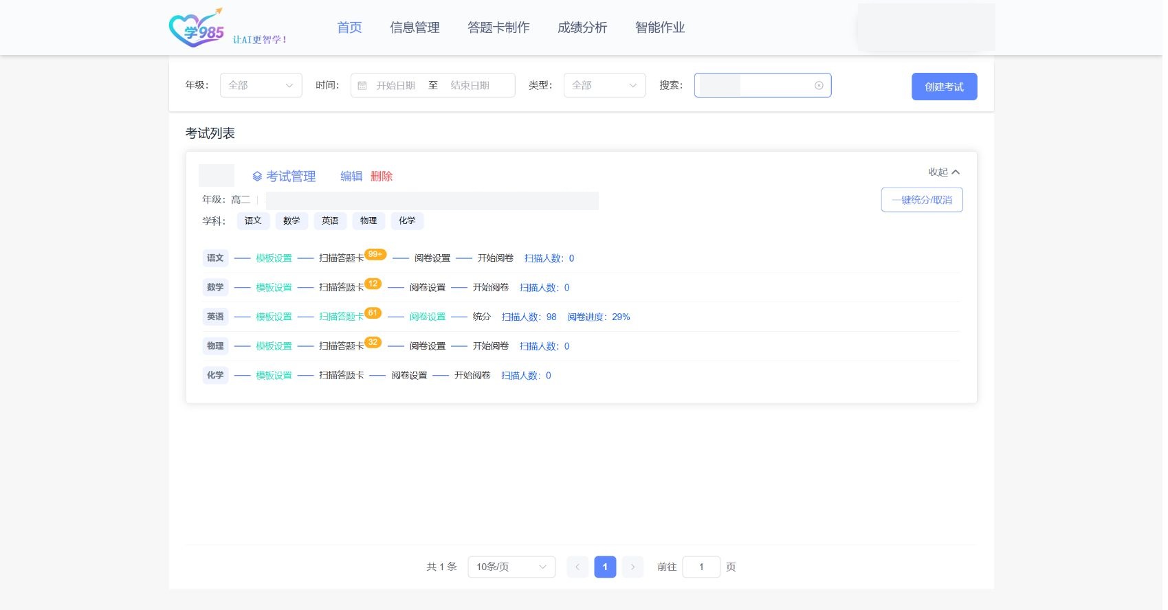 象乐学真实考试工作台，多学科的模板、扫描、阅卷设置、阅卷与统分流程并列展示